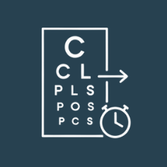 pictogramme signifiant bilan visuel et examen de vue, avec plaquette montrant des lettres.
